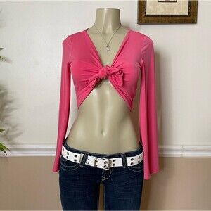 Top Shop Women’s Petite Front-Tie Bell Sleeve Cropped Pink Wrap Top